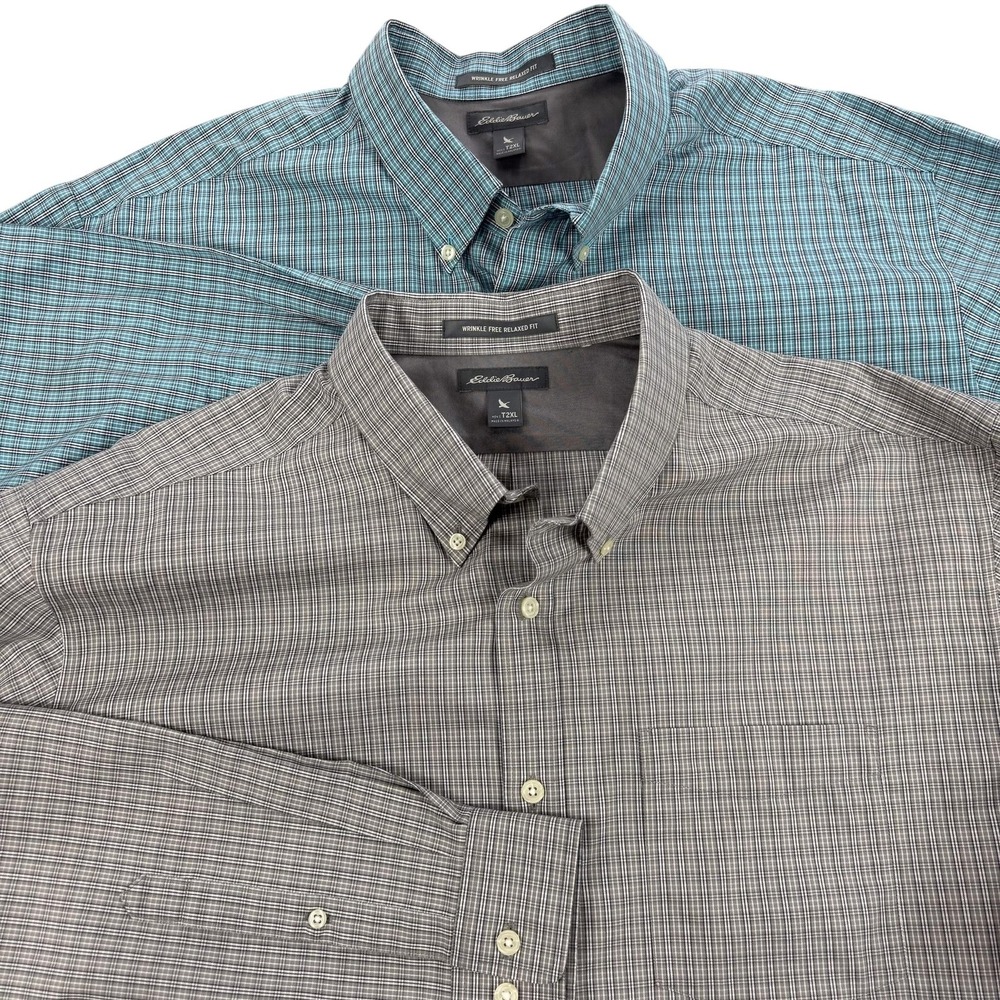Eddie Bauer Lot‎ Of 2 Shirt Mens 2XLT Multicolor Plaid Wrinkle Free Button Down